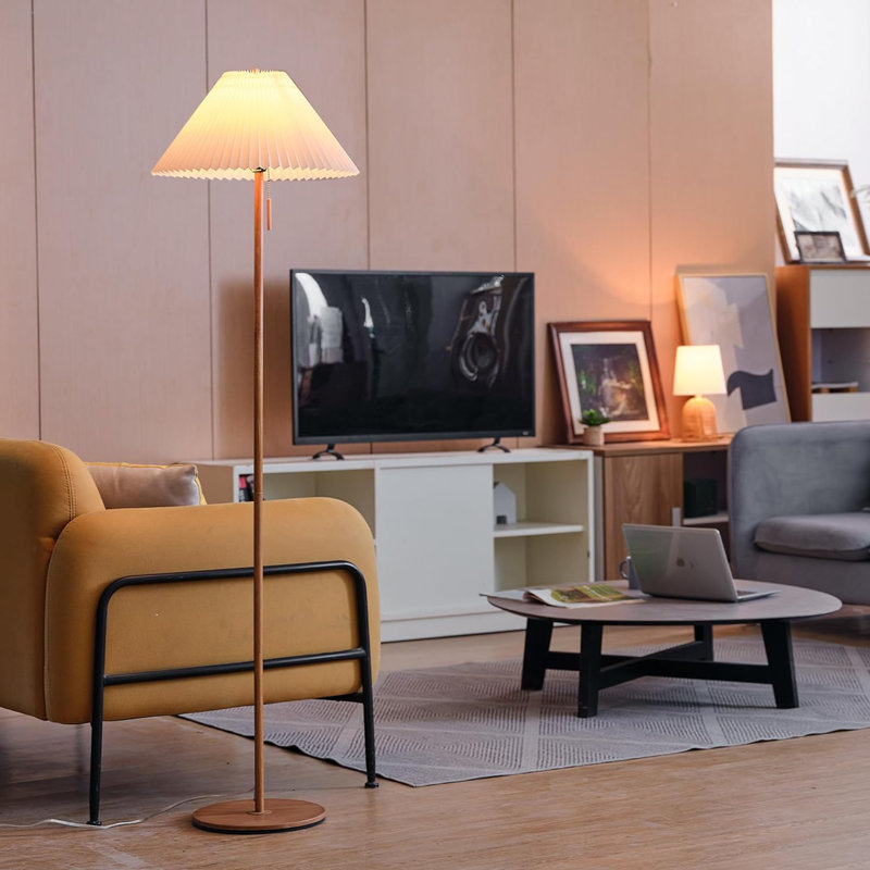 Floor Lamp Faux Wood Finish Pleated Fabric Shade Flat Base Pull Chain Switch On Socket Reading Lamp Home Office Accessories Home Decor Home